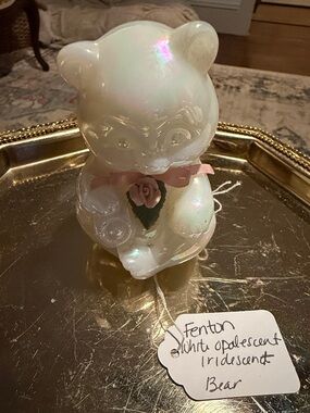 Fenton White Opalescent Bear Figurine with Pink Rose